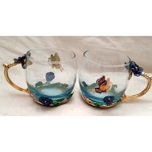 ARC Of France Glass Coffee Tea Cup Jewel Enamel Blue Rose Purple Butterfly (2)